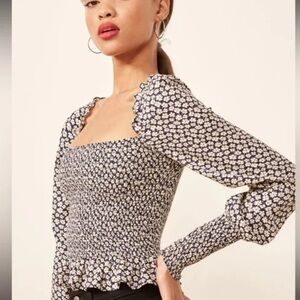 Reformation Floral Square Neck Blouse - Black and White